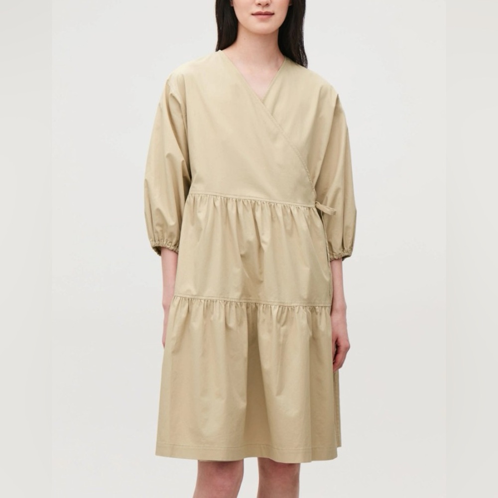 COS Gathered A-Line Tan Tiered Wrap Dress Size 6/ M